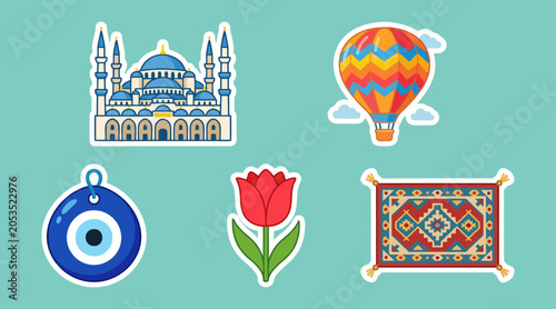 Colorful vector graphic sticker set featuring traditional turkish cultural symbols like the blue mosque hot air balloon and tulip flower