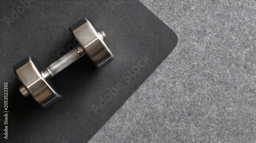 Dumbbell resting on a black yoga mat