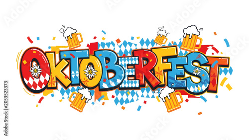 Canvastavla Oktoberfest Celebration Graphic: A vibrant and festive graphic celebrating Oktoberfest, featuring colorful text, traditional Bavarian patterns, falling confetti, and overflowing beer mugs