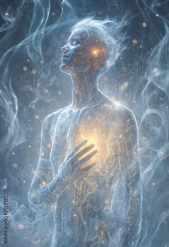 3d rendered illustration of a human body, skull, and brain amidst blue light, smoke textures, and energetic fractal backgrounds