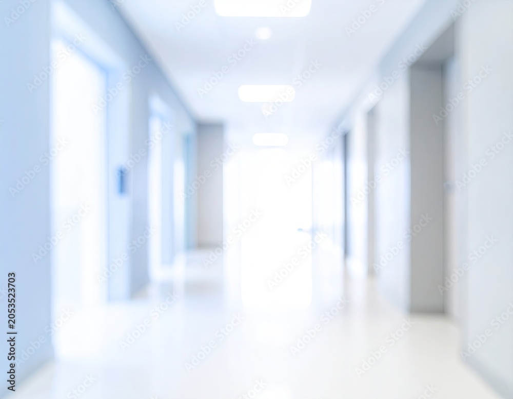 Fototapeta premium Defocused interior of a long corridor with bright light at the end