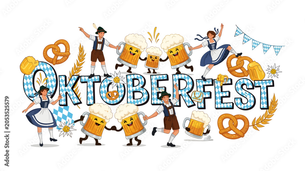 Fototapeta premium Oktoberfest Celebration Illustration: A vibrant and festive illustration depicting the spirit of Oktoberfest with dancing characters, frothy beer mugs, pretzels, and traditional Bavarian attire.