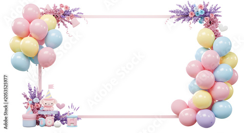 Pastel Pink Frame with Colorful Balloons and Floral Decorations Product Shot