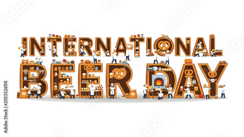 Canvastavla International Beer Day Celebration: A creative and festive graphic illustrating International Beer Day with stylized letters made of beer barrels, pretzels, and shelves filled with bottles