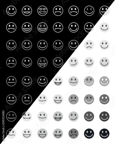 Set of various hand drawn doodle smiley face icons with different emotions on a split black and white contrast background