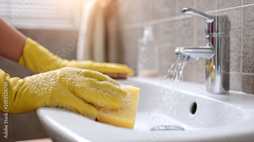 A person scrubbing a bathroom sink with a sponge and disinfectant, focusing on hygiene, sparkling cleanliness, and a detailed home care routine
