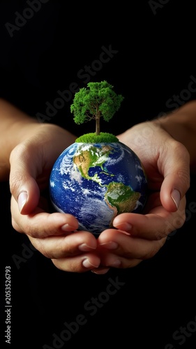 Human hands holding a glowing planet Earth with a small green tree growing on top to represent environmental protection