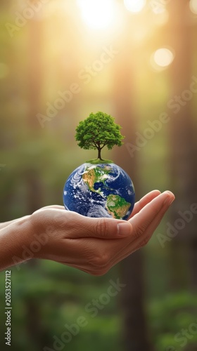 Human hands holding a small planet Earth globe with a growing green tree on top under a warm glowing morning sunlight