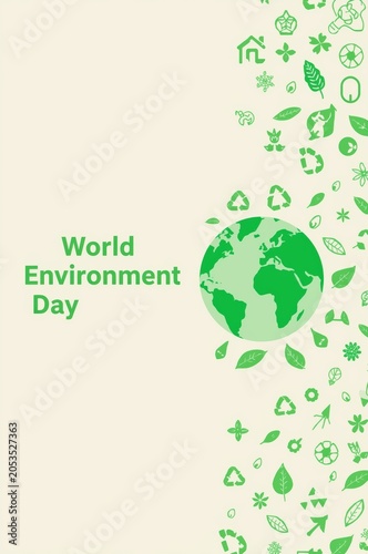 World Environment Day concept with green earth globe and nature icons pattern for ecological sustainability design