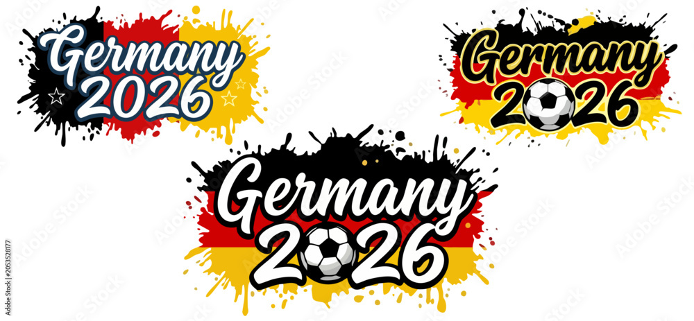 Obraz premium Germany national flag colors 2026 soccer tournament graphic design set. German football team support emblem with ink splatters, soccer ball. Germany 2026 championship logo, badge, banner collection