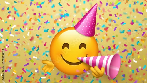 Happy yellow emoji face wearing a party hat and blowing a horn with colorful festive confetti falling all around it