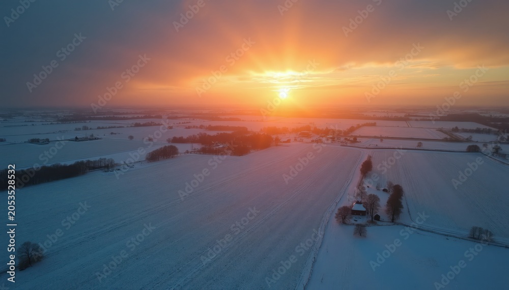 Fototapeta premium Aerial view of snow covered farmland at sunset. Bright sun rays break through clouds. Rural landscape with fields and trees under cold winter sky. Peaceful countryside panorama.