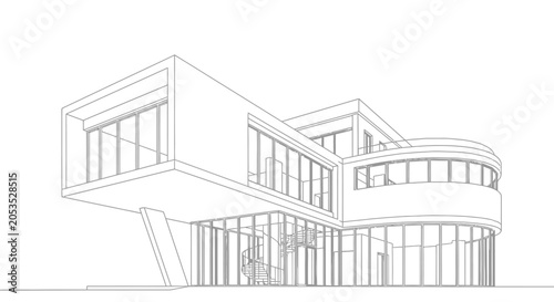 Architectural 3D wireframe rendering of a modern luxury house design. Contemporary building blueprint structure abstract drawing.