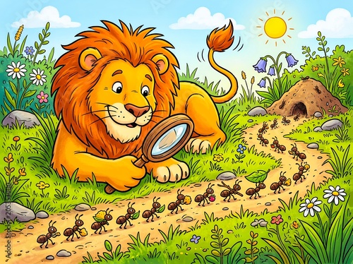 Lion Observing a Line of Ants with Magnifying Glass