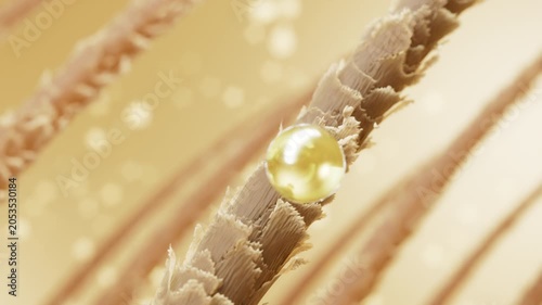 3D animation of a golden serum drop absorbing into the scalp and hair root. Nutrients spread along the hair strand, transforming dry, damaged hair into a smoother and shinier appearance.