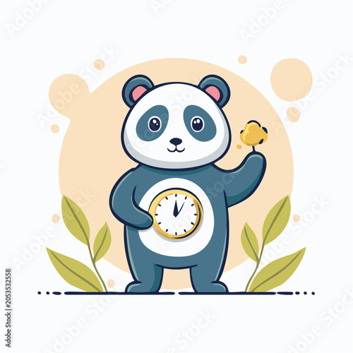 Cute Panda Holding a Clock and a Bell