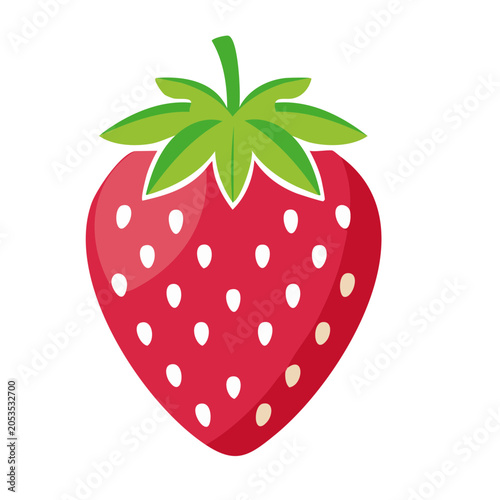 Flat illustration of a red strawberry with green leaves