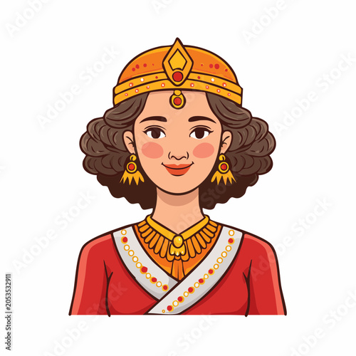 Illustration of a Woman in Traditional Indian Attire with Crown and Jewelry