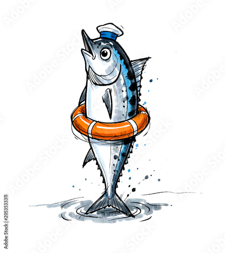 Herring with Lifebuoy in Marine Ink Illustration