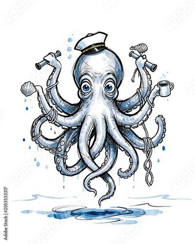 Octopus Juggling Anchors in Playful Marine Ink Illustration