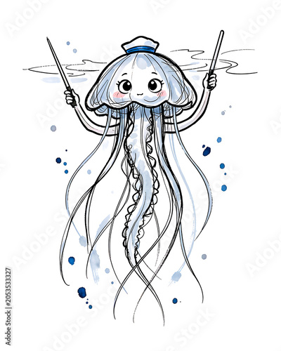 Jellyfish Conductor Leading Rhythm in Marine Ink Illustration
