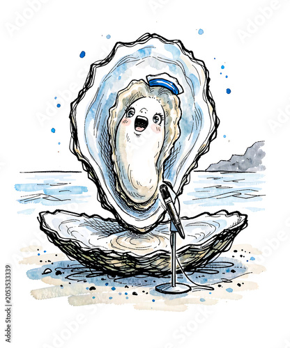 Expressive Singing Oyster Performing in Marine Ink Illustration