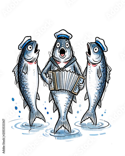 Cod Leading Chanty Choir in Marine Ink Illustration