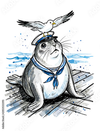 Harbor Seal with Seagull in Marine Ink Illustration
