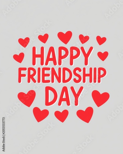 Happy Friendship Day text with red heart shapes around for greeting card design and social media celebration post