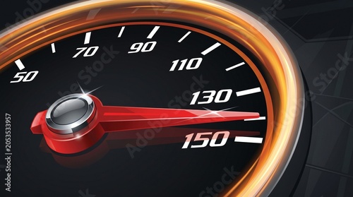 Modern car speedometer with red needle pointing to high speed, automotive dashboard gauge showing 130 and 150 kmh, fast driving performance concept