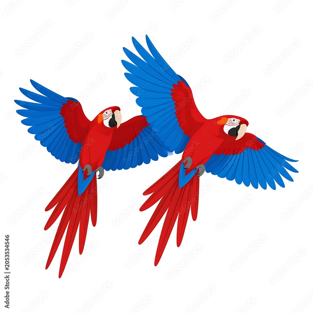 Fototapeta premium Two colorful parrots flying against a clean white background vector illustration