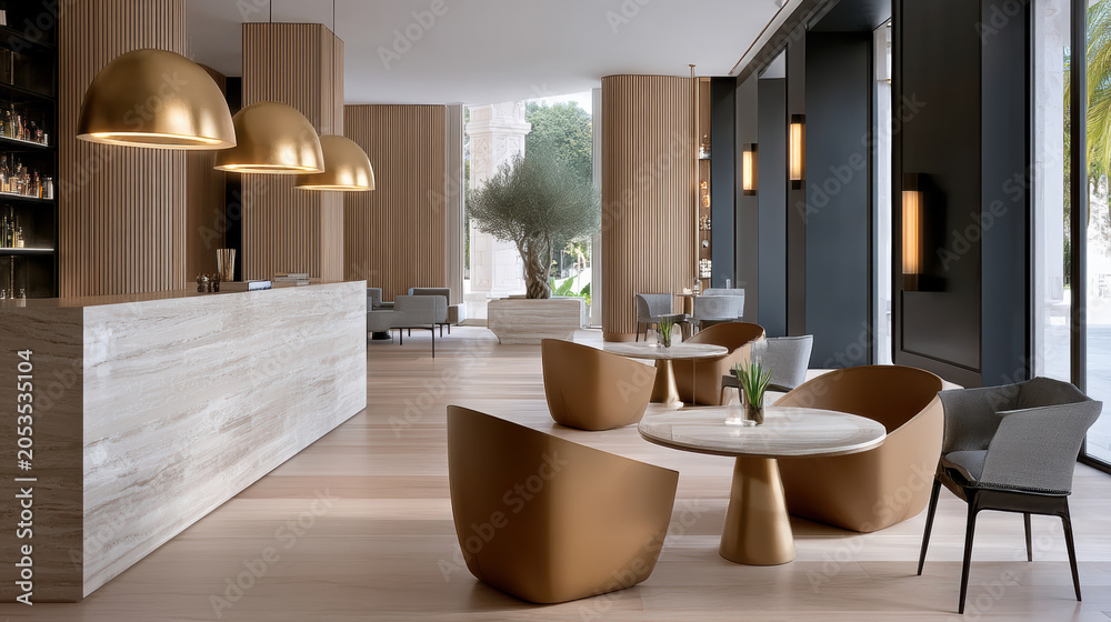 Naklejka premium Modern lobby hotel interior reception lounge pendant marble counter with wood wall, seating area and daylight, inviting serene atmosphere
