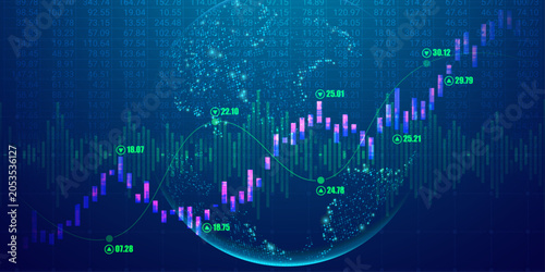 Fotografie Financial world map background with green rising indicators and candlestick stock market charts