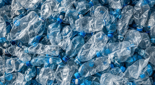 Large pile of used transparent plastic water bottles texture background with plastic waste recycling background pollution sustainability discarded
