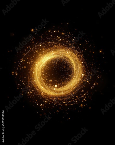 Bright golden light swirl spinning in a dark space creating a glowing circular portal of energy particles