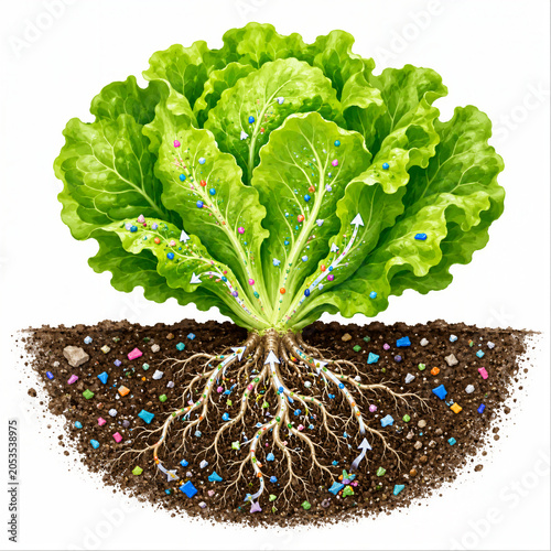 Lettuce Plant Absorbing Microplastics from Contaminated Soil Food Chain Concept