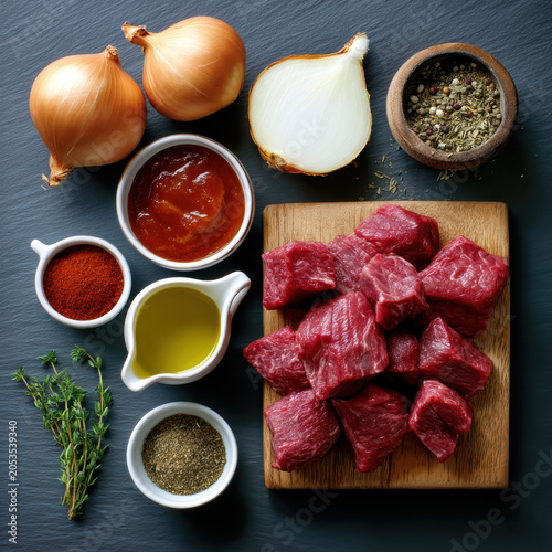 Goulash beef onion paprika tomato olive oil herb spice cutting board  overhead flat lay of raw beef cubes  sauce and seasoning on slate