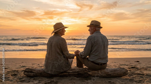 Elderly Couple Holding Hands at Beach Sunset