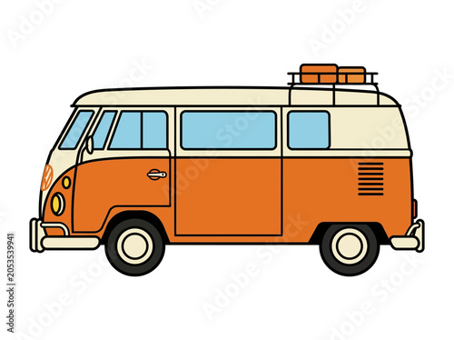 Illustration of an orange and white Volkswagen van with a luggage rack on top, set against a clean white background.