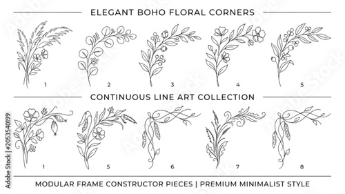 Boho Floral Corner Elements Frame Constructor Collection – Continuous Line Drawing with Botanical Curves and Minimalist Decorative Borders