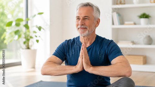 Senior man practicing yoga in living room at home, active aging and wellness concept