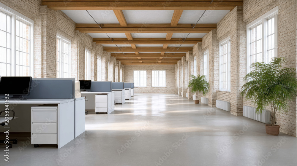 Naklejka premium Modern office open office wide shot expansive interior empty workspace desk window brick wall with bright natural light and potted palm