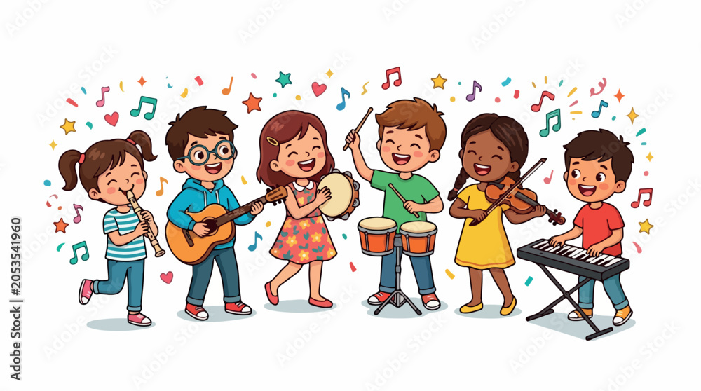 Fototapeta premium Joyful group of diverse children playing musical instruments together in a bright classroom