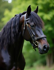Elegant black horse with flowing mane stands outdoors. Majestic animal wears leather bridle. Gentle creature with dark coat in profile against green nature background. Equine beauty.