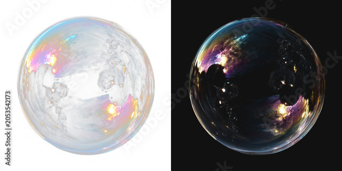 Billede på lærred Transparent soap bubble sphere with glossy crystal reflections and blue water sh