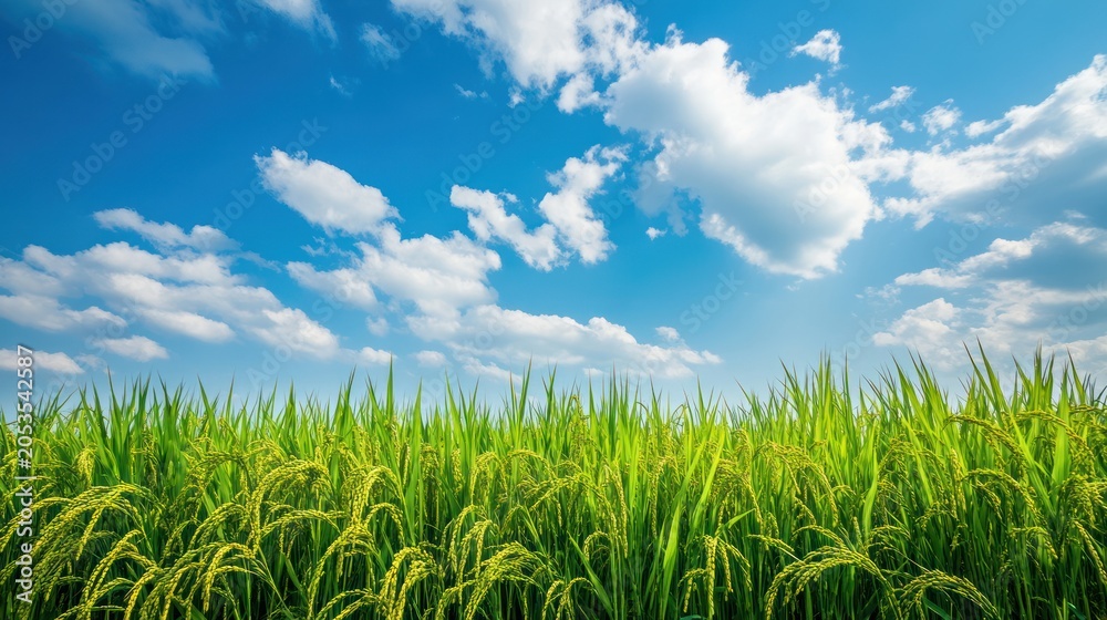 Fototapeta premium Lush green rice field under a vibrant blue sky with white clouds