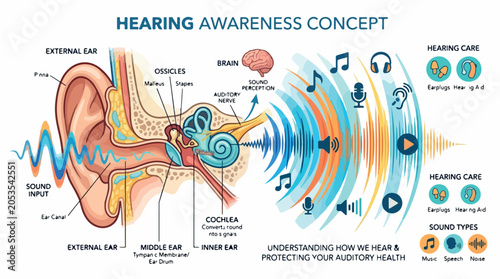 Detailed ear anatomy diagram showing how sound waves travel through outer, middle, and inner ear