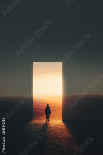 Silhouette of person standing at glowing doorway opening to golden desert sunset landscape.