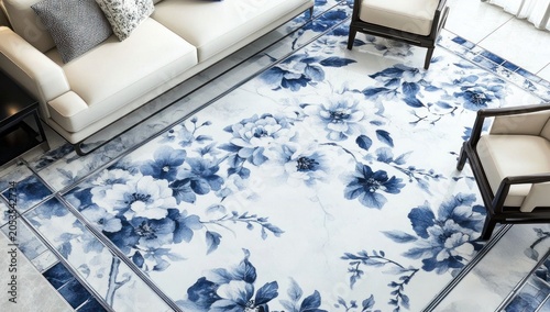 Elegant Blue Floral Rug in Modern Living Room