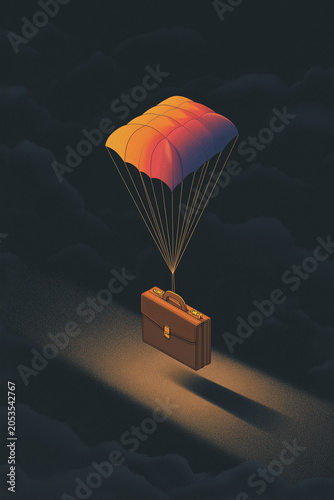 Leather briefcase floating down with colorful parachute through dark cloudy sky.